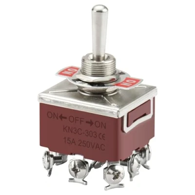 Image of Heschen Metal Toggle Switch, KN3C 303, 3PDT, Maintained, ON/OFF/ON 3 Position, 15A 250VAC, 10A 380VAC, CE