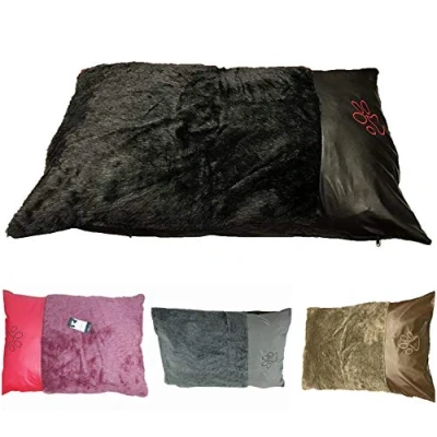 Image of Luxurious Fleece Fur Dog Bed Pillows Large and Extra Sizes Soft Fluffy + Leather Accent Washable Cover Removable Zipped (Large (Cover Pillow), Black Paw)