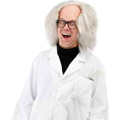 Image of Halloween Party Fancy Dress Wig Old Man bald Einstein Mad Professor Black White Costume Novelty Balding Semi Crazy Scientist Supplies for Women Men
