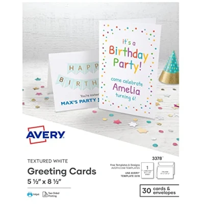 Image of AVERY Printable Greeting Cards, Half Fold, 5.5&quot; x 8.5&quot;, Textured White, 30 Blank Cards with Envelopes (3378)