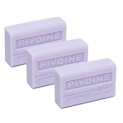 Image of Maison du Savon de Marseille French Soap made with Organic Shea Butter Moisturising for Soft Skin Peony Fragrance 125 Gram Bars Set of 3