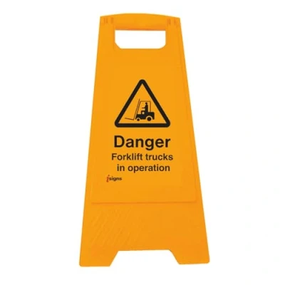 Image of Warning Signs Caution forklift trucks in operation (free standing floor sign) Yellow Polypropylene