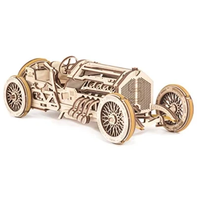 Image of UGEARS U 9 Grand Prix Car Wooden Model (DIY Building Kit) Hand Crank Powered Vehicle w/Working Pistons, Wheels, Shocks Functional, Authentic Racing Design