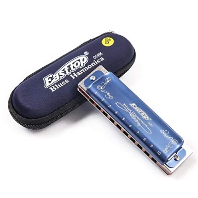 Image of Blues Harmonica Harp 10 Holes 20 tone 008K With Blue Shell, Diatonic in Bb tone,Harmonica for Adults, Professionals, Beginners, Children and Students