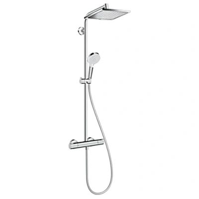 Image of hansgrohe Crometta E shower system with thermostat, rainfall head (240 x 240 mm), hand (1 spray), hose, rail and square(1 chrome, 27281000