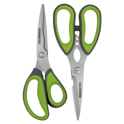Image of Rockingham Forge 2 Piece Sharp Kitchen and Household Scissor Set, Rust Resistant, Kinked Curved 9CM Stainless Steel Blades, Nut Cracker Bottle Opener, Green Grey
