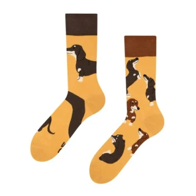Image of Dedoles Unisex Socks for Women, Men &amp; Kids Cotton Funny Designs Football Bicycle Horses Plants Firefighter Gift Mismatched, Design: Sausage Dog, Colour: Yellow, Size: 5 7.5 W / 6 8 M UK