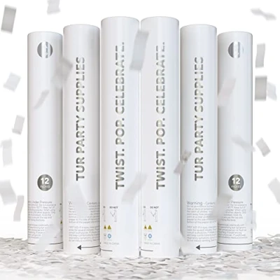 Image of 6 Pack White Wedding Confetti Cannon Poppers Biodegradable TUR Party Supplies Launches Up to 25ft Giant (12 in) for Weddings, Bachelorette Parties, Birthdays