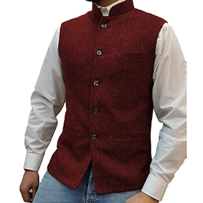 Image of Mens Herringbone Wool Vests Suit Business Tweed High Collar Waistcoats Slim Fit(Medium, Burgundy)
