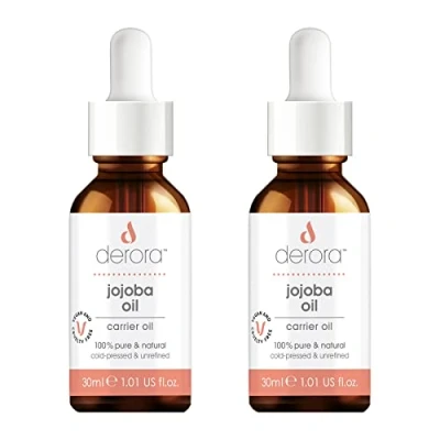 Image of Derora Jojoba Oil Nourishes Skin, Hair &amp; Nails 100% Pure Unrefined Natural Cold Pressed Antioxidants Vitamin E Rich All Skin Types Vegan Cruelty Free (30ml x2)