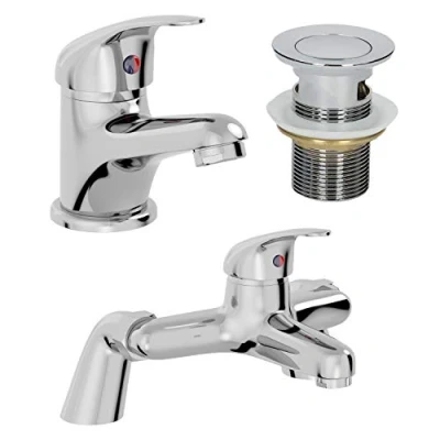 Image of Architeckt® Essentials Bathroom Bath Filler Mixer Tap and Basin with Waste Set Deck Mounted Round Twin Lever Handle Modern, Chrome
