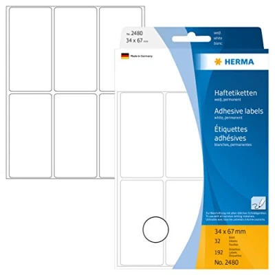 Image of HERMA Multi Purpose Labels, 6 Labels per Sheet, 32 Sheets, 34 x 67 mm, 192 Self Adhesive Large Stickers, Blank Sticky for Office Kitchen Home, White