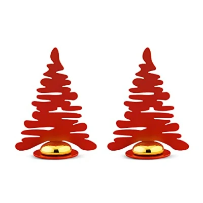 Image of Alessi Barkplace Tree BM16S2 R Set of Two Placecards with The Shape a Christmas Tree, in Colored Steel Epoxy Resin, Red Porcelain Magnet