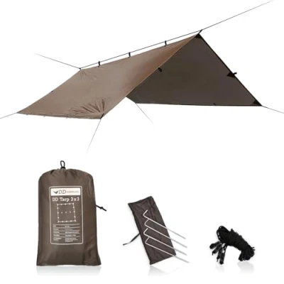 Image of DD Hammocks Tarp 3x3 Coyote Brown Lightweight and 100% Waterproof Tent with 4x Pegs Guy Lines for Camping Scouts Bushcraft Adventure