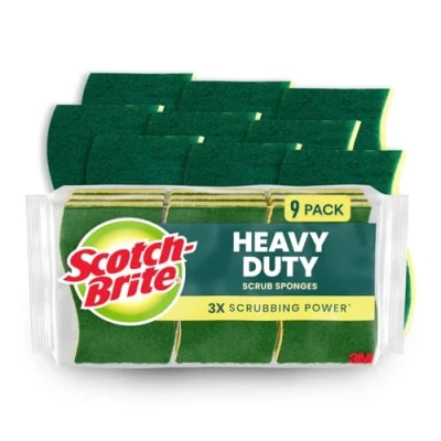 Image of Scotch Brite Heavy Duty, Recycled Content, Green/Yellow, 9 Scrub Sponges