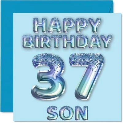 Image of 37th Birthday Card for Son Blue Glitter Party Balloons Happy Cards 37 Year Old from Mum Dad Parents, 145mm x Bday Greeting Gift