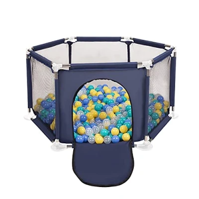 Image of Selonis Hexagon 6 Side Play Pen with 400 Balls, Blue:Turquoise/Blue/Yellow/Transparent