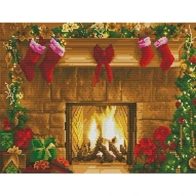 Image of Awesocrafts Cross Stitch Stamped Kits Fireplace and Christmas Stocking Easy Patterns Stitching Embroidery Needlework Kit Supplies (Christmas)