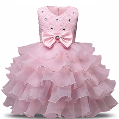 Image of NNJXD Girl Dress Kids Ruffles Lace Party Wedding Dresses Size (120) 4 5 Years Pink