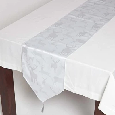 Image of HOMESCAPES Christmas Table Runner Sparkling Silver 33 x 182 cm with Tassels &amp; Stag Xmas Pattern