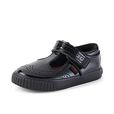 Image of Kickers Infant Girl&#039;s Tovni Brogue T Bar Black Leather School Shoes, Patent Black, 5 UK Child