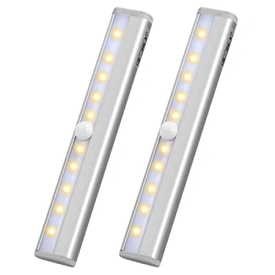 Image of Jinlaili 2 Pack Wireless Under Cupboard Lights, 10 LED Motion Sensor Lights for Closet, Cabinet with Magnetic Strip, Battery Night Light, Bar Kitchen Stairs Warm Light
