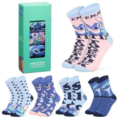 Image of Disney Stitch Womens Calf Length Socks for Women Teenagers Soft Stretchy Pack of 5 Gifts (Blue/Peach Stitch)