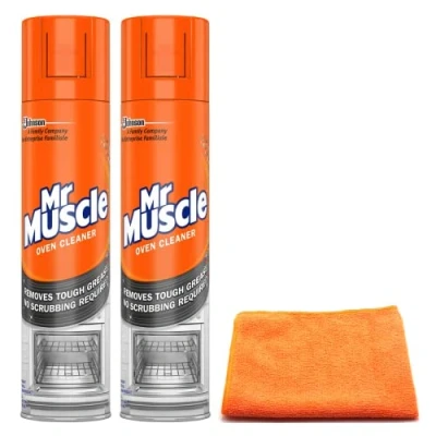 Image of Mr Muscle Oven Cleaner Spray (2X 300 ML) BBQ Degreaser for Tough Grease, Grime with Ultra Absorbent Microfibre Cleaning Cloth (Pack of 2)