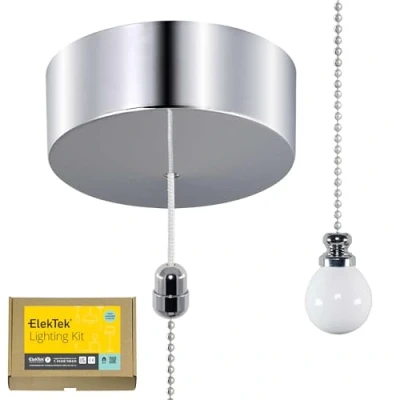 Image of ElekTek Chrome Light Pull Switch Kit with Chain and Connector White Ceramic Ball