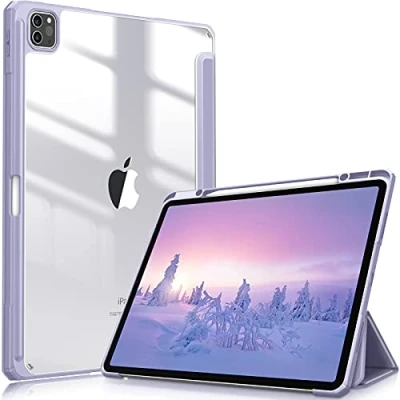 Image of FINTIE Hybrid Case Compatible with iPad Pro 12.9 inch (2022/2021/2020/2018, 6th/5th/4th/3rd Generation) Shockproof Clear Back Cover Pencil Holder, Auto Wake/Sleep, Lilac Purple