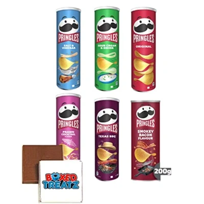 Image of Party Snack Pringles Crisps Pack Of 6 200g Variety Original, Sour Cream, Prawn Cocktail, Texas BBQ, Smoky Bacon And Salt Vinegar Crisp Bundle 1.2kgs Boxed Treatz