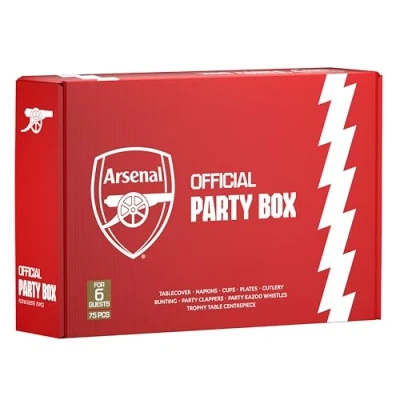 Image of Official Arsenal FC Party Box, 77 pcs All in One for 6 Guests Disposable Tableware Set w/Cutlery, Jersey Foil Balloons, Decorations &amp; Favors Perfect Matchday birthday celebrate
