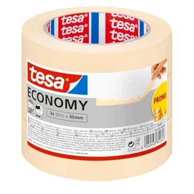 Image of tesa Masking Tape ECONOMY EcoLogo Painters Tape, 4 Days Residue Free Removal, Without Solvent Narrow, 3x 50 m x 30 mm