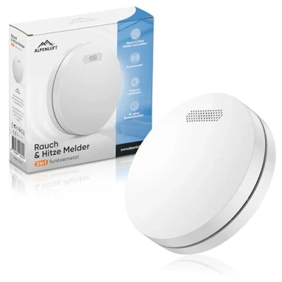 Image of ALPENLUFT Smoke Detector Wireless interlinked 10 Year Battery, Alarm &amp; Heat 2in1, fire Alarm, Detector, alarms for home No Drilling, LED Flashing (Set of 1)