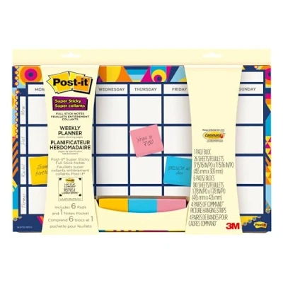 Image of Post it Weekly Planner with Super Sticky Full Adhesive Notes, 17 15/16 in x 11 in, Help Organize and Keep Track of Daily Events, Gradient Watercolor (730 CAL GRDNT)
