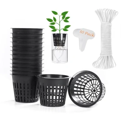 Image of 30 Pack 3 Inch Net Cup Pots with Hydroponic Self Watering Wick &amp; Plant Labels for Aquaponics Mason Jar Insert Orchid kratky Vegetable Garden Gardening Growing Netted Baskets Slotted Mesh Wide Lip Rim