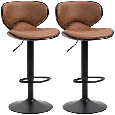 Image of HOMCOM Adjustable Bar Stools Set of 2, Swivel Leathaire Upholstered Barstools with Large Seat, Breakfast Chairs Back, Footrest and Steel Base, Brown