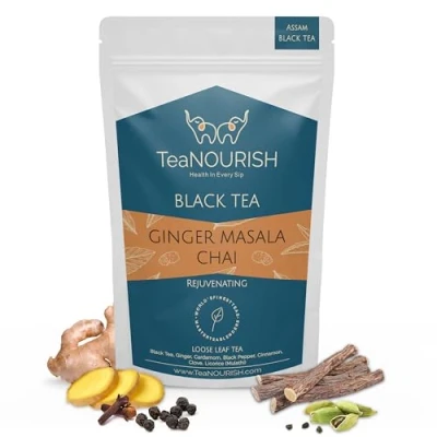 Image of TeaNOURISH Ginger Masala Chai Tea Assam CTC Loose Black Blended with Authentic Indian Spices 100% NATURAL INGREDIENTS 3.53oz/100g