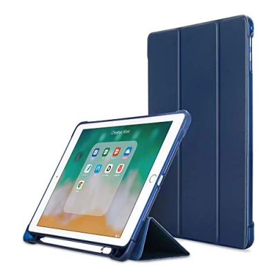 Image of MadeRy Case for iPad 2018 &amp; 2017 9.7&quot; / Pro Air 2 Air, Ultra Slim Soft TPU Back Cover with Pencil Holder and Trifold Stand, Auto Sleep/Wake, Dark Blue