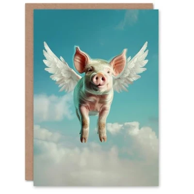 Image of Artery8 Birthday Card Flying Pig Cute Animal Lover Wings Angel For Him Her Man Woman Girl Boy Wife Husband Greeting
