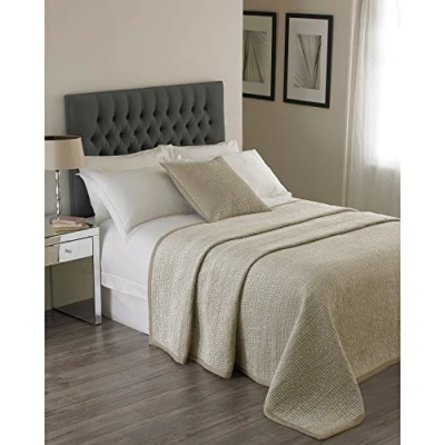 Image of Riva Paoletti Brooklands Luxury Super King Size Bedspread Champagne Cream Velvet Feel Quilt Design Linen Border 100% Polyester Filling 265 x 265cm (104&quot; 104&quot; inches) Designed in the UK