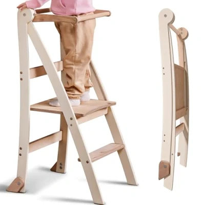 Image of Wooden Montessori Learning Tower Space Saving: Foldable Tower, Stool for Children, Kids&#039; Step Stool, with Anti Tip Protection