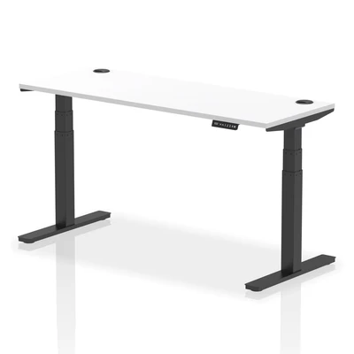Image of Air 1600x600mm Height Adjustable Desk White Top Cable Ports Black Leg
