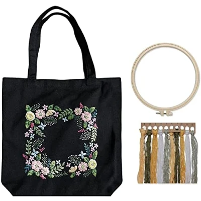 Image of Namvo Canvas Tote Bag Embroidery Kit with Pattern and Instructions, Include Flower Pattern, Bamboo Hoops, Color Threads Tool
