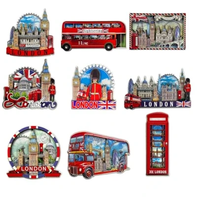 Image of LILAJ Set of 6 London 3D Wooden Fridge Magnet Bus &amp; Telephone Box British England Souvenirs Landmark Union Jack Flag Gift