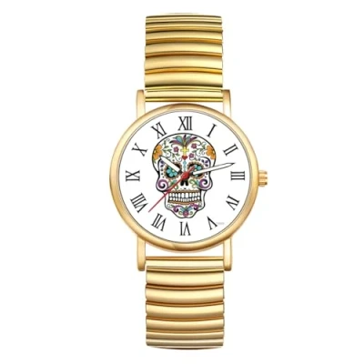 Image of JewelryWe Halloween Elastic Band Watch: Men Women Gold Ultra Thin Expansion Roman Numeral Analog Quartz Student Skull Watch