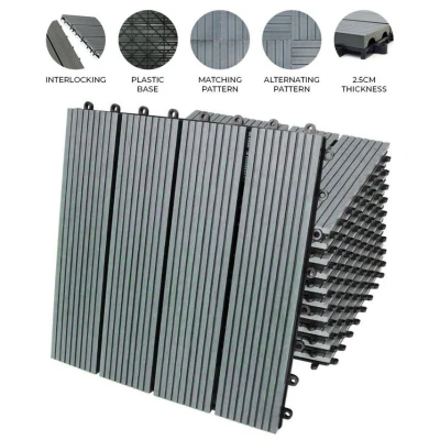 Image of 66 x WPC Decking Tiles Grey Terrace Wood Plastic Composite DIY Interlocking Flooring Balcony Roof Hot Tub Outdoor Deck Click &amp; Go Easy Clean Weather Resistant 30 cm (6 m²)