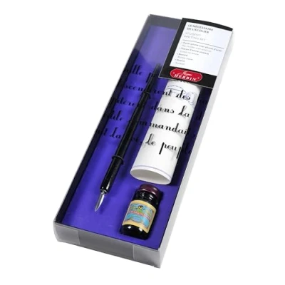 Image of Herbin 28477T &quot;Nécessaire de l&#039;écolier/Student writing&#039;&#039; set including a pen holder, feather, blotter, bottle of purple ink thought and instructions