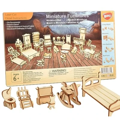 Image of BOHS 34 Piece Dollhouse Furniture Set Laser Cut Wooden 3D Puzzles Miniature Doll House DIY Models and Accessories