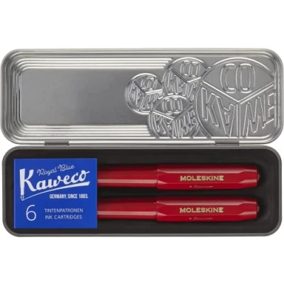 Image of Moleskine x Kaweco Fountain Pen in ABS plastic with Gold Plated Size M Nib and Refillable Ballpen for Writers, Note Takers, Refill 1.0mm Blue Ink 6 Cartridges included, Color Red